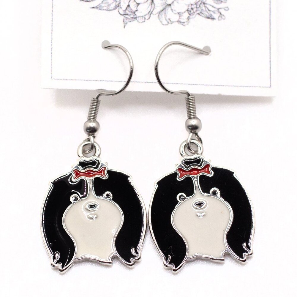 Handmade Silvertone & Enamel Shih Tzu Dog Dangle Earrings, New